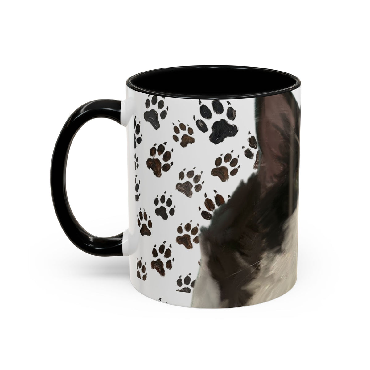 Cat face paw print accent coffee mug, white with black paw prints and cat art, black handle