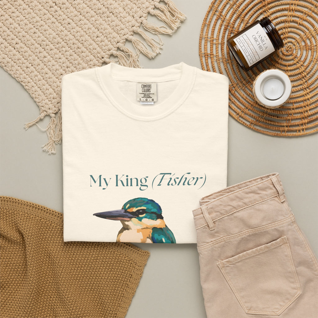Off-white kingfisher bird graphic T-shirt flat lay with neck label