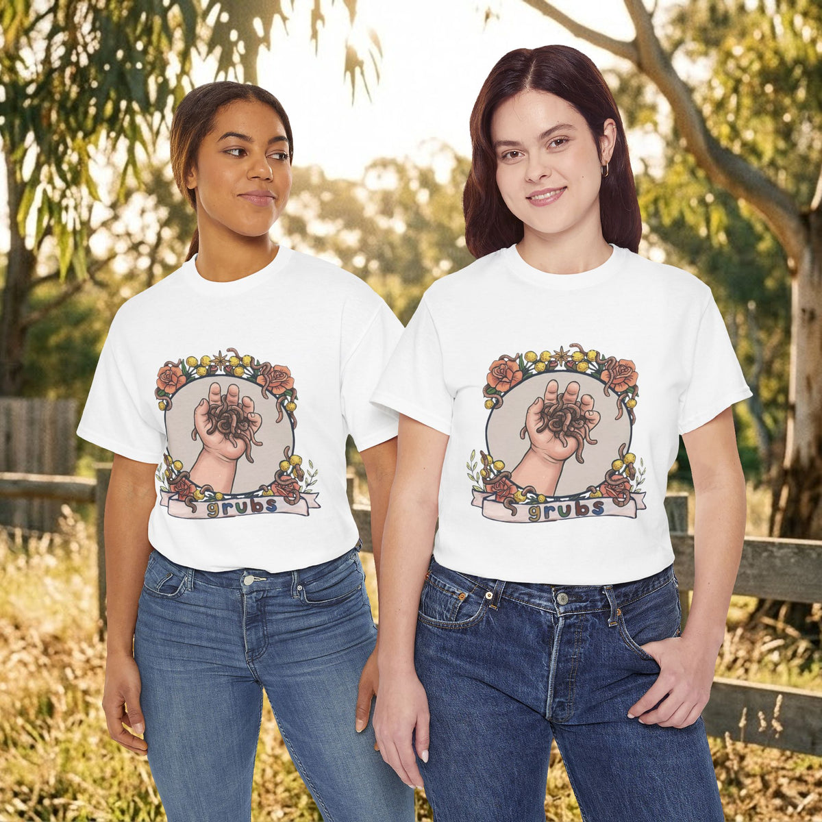 White T-shirt with circular tarot hands illustration on the chest