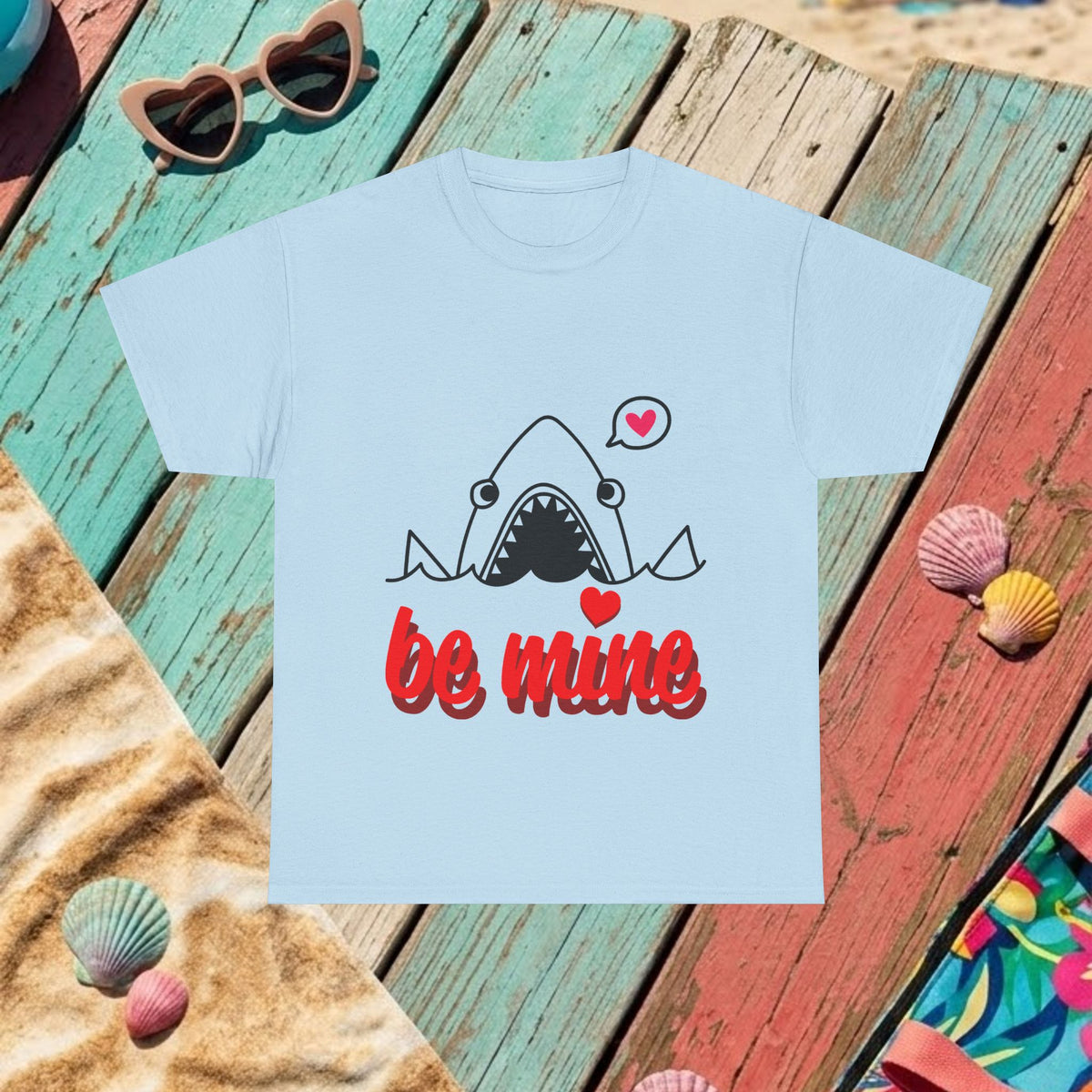 Light blue T-shirt with shark graphic and red 'be mine' lettering