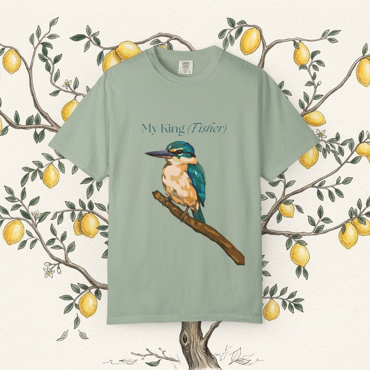 Kingfisher bird pun t-shirt in garment-dyed cotton – Kat&Co. Creations