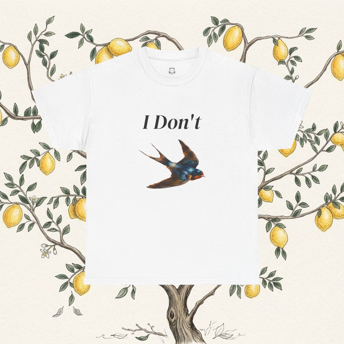 White graphic T-shirt with 'I Don't' text and swallow bird illustration.