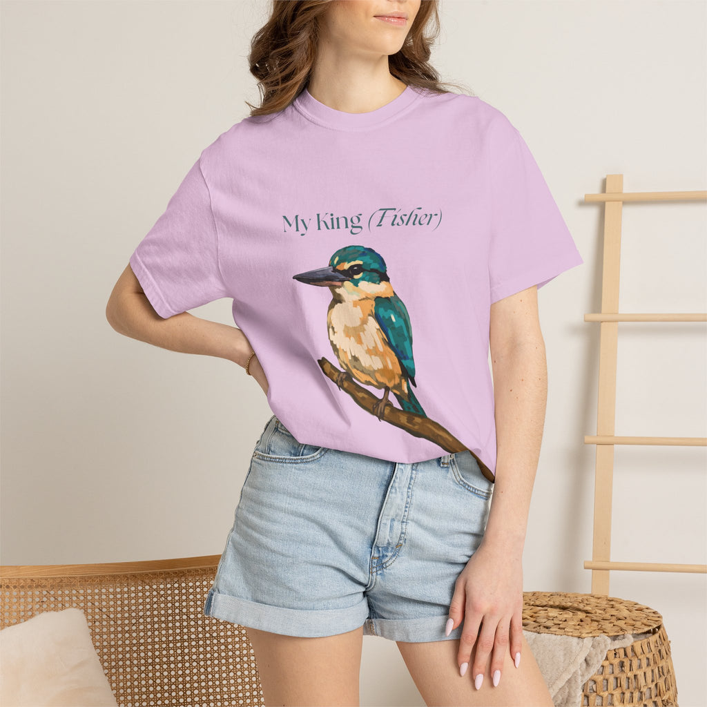 Lavender crewneck t-shirt with kingfisher graphic, worn with denim shorts