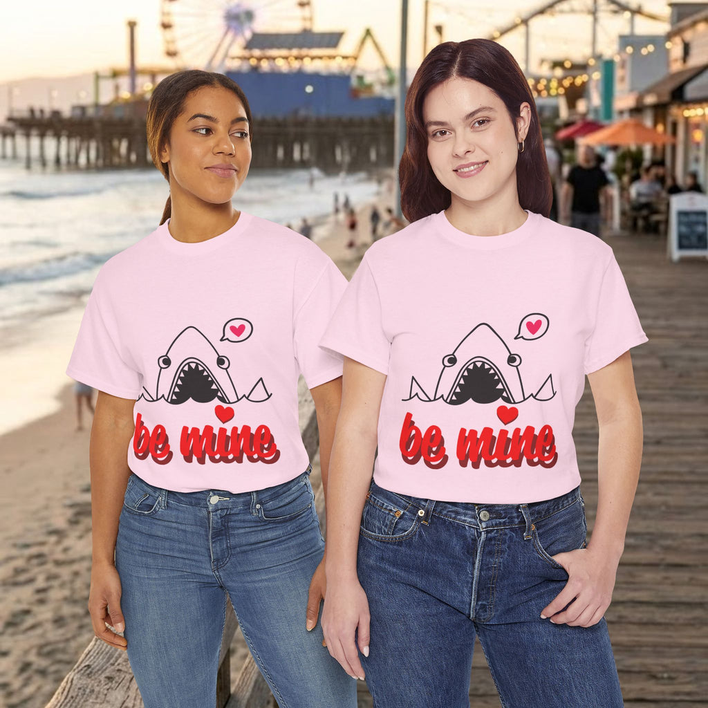 Light pink crewneck graphic T-shirt with shark illustration and red “be mine” print