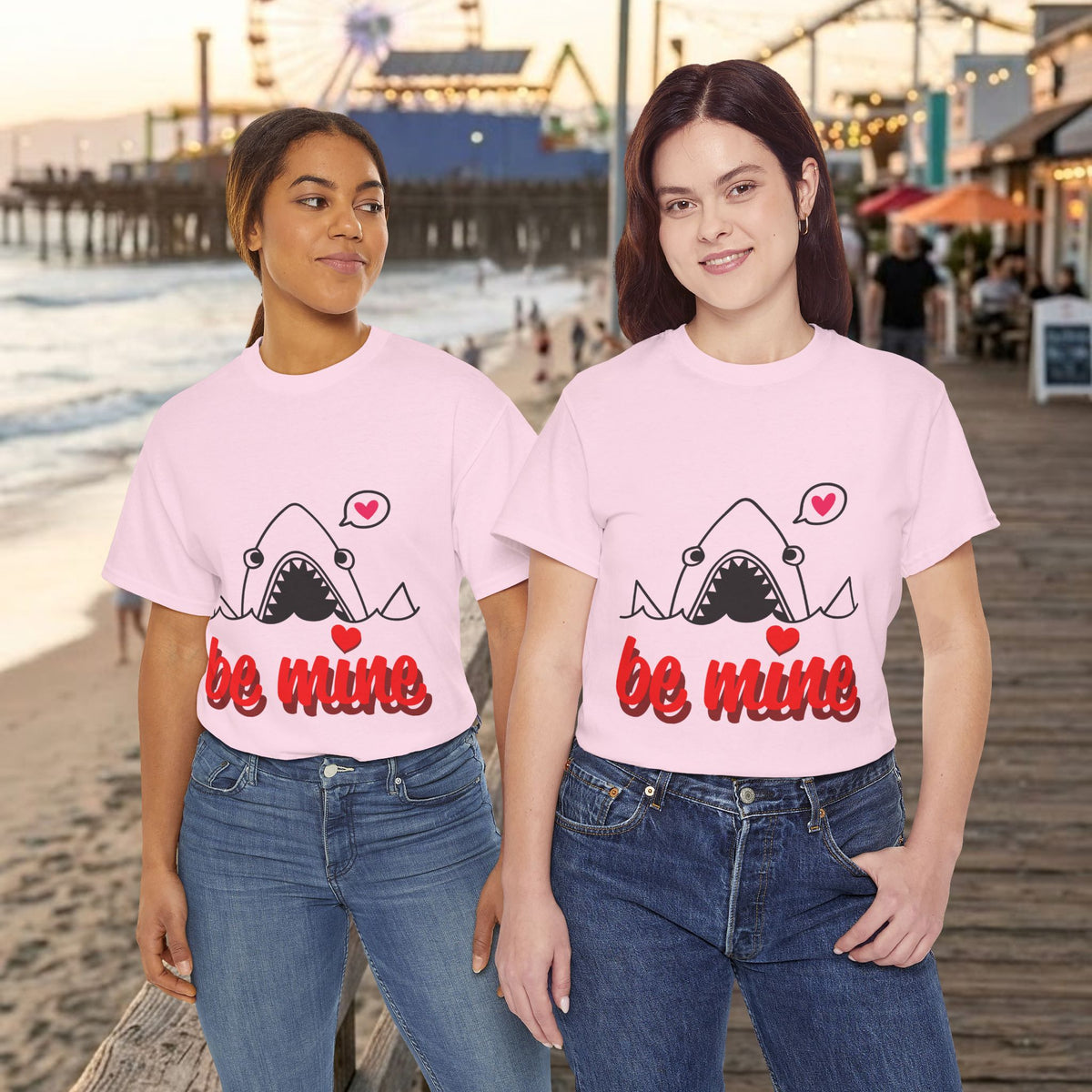 Light pink crewneck graphic T-shirt with shark illustration and red “be mine” print