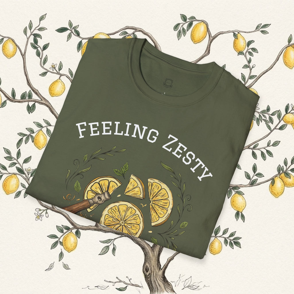 Olive green graphic t-shirt with lemon slice artwork and 'Feeling Zesty' text.