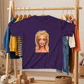 Purple kids T-shirt with blonde doll portrait illustration on front