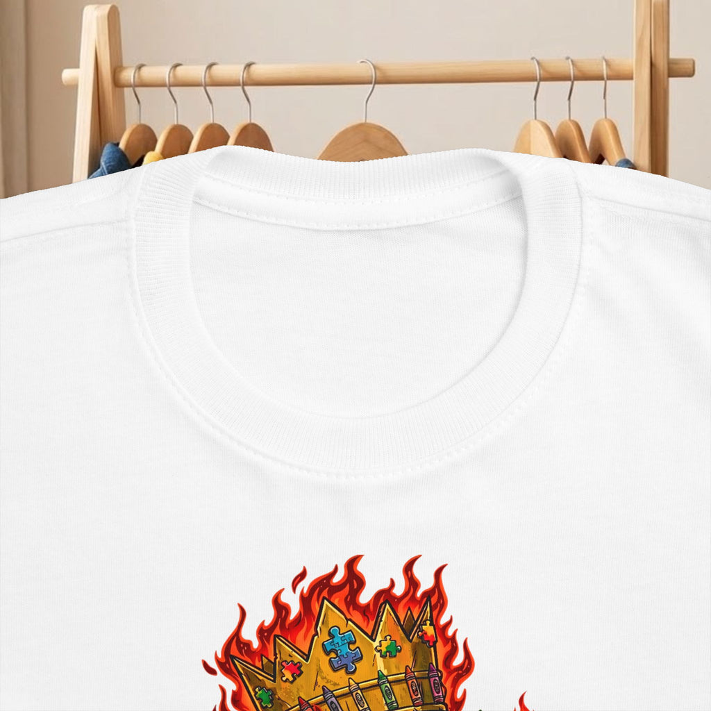 White toddler tee with round neckline and colorful flame crown dinosaur graphic