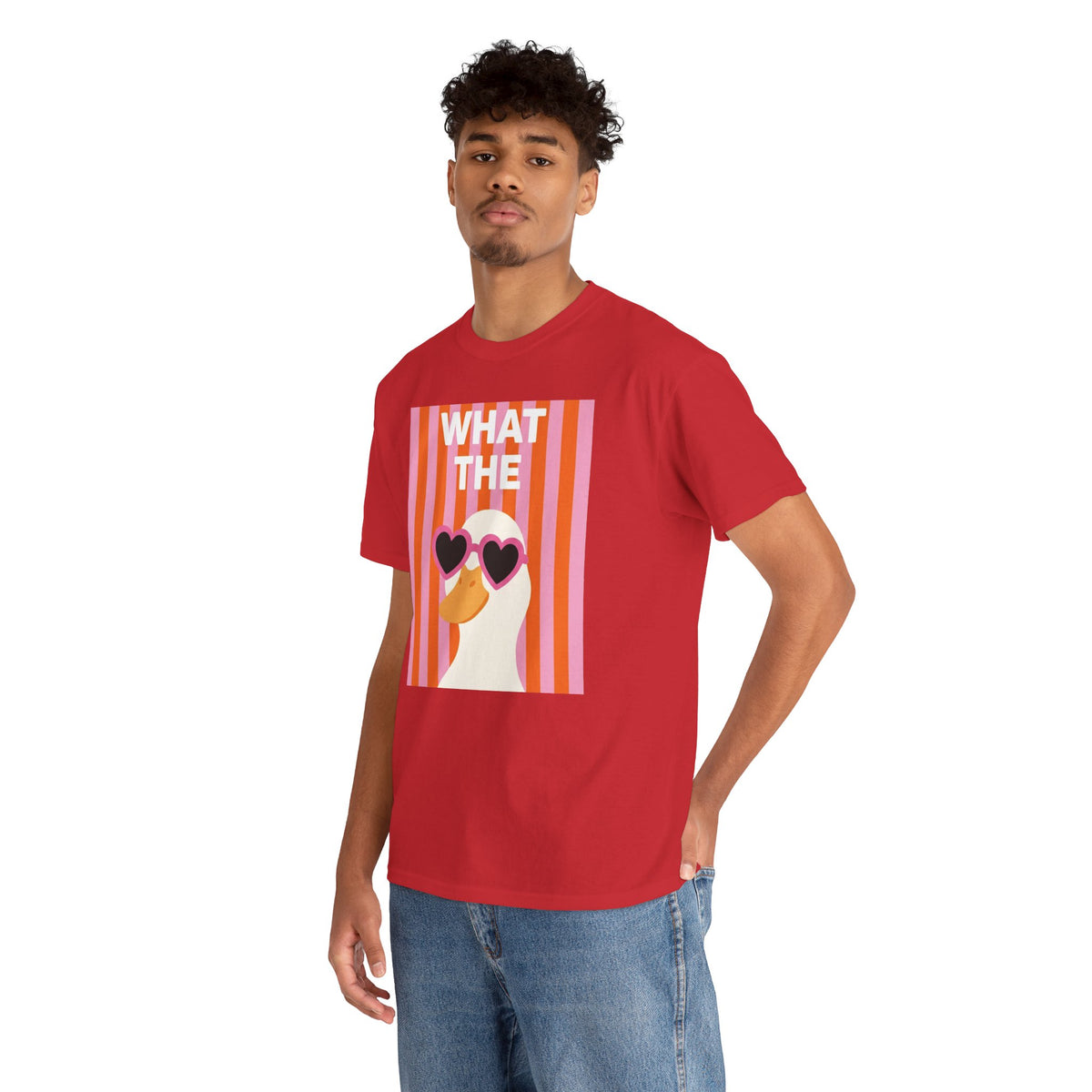 Red cotton graphic tee in side view with duck face, heart sunglasses, and “WHAT THE” text