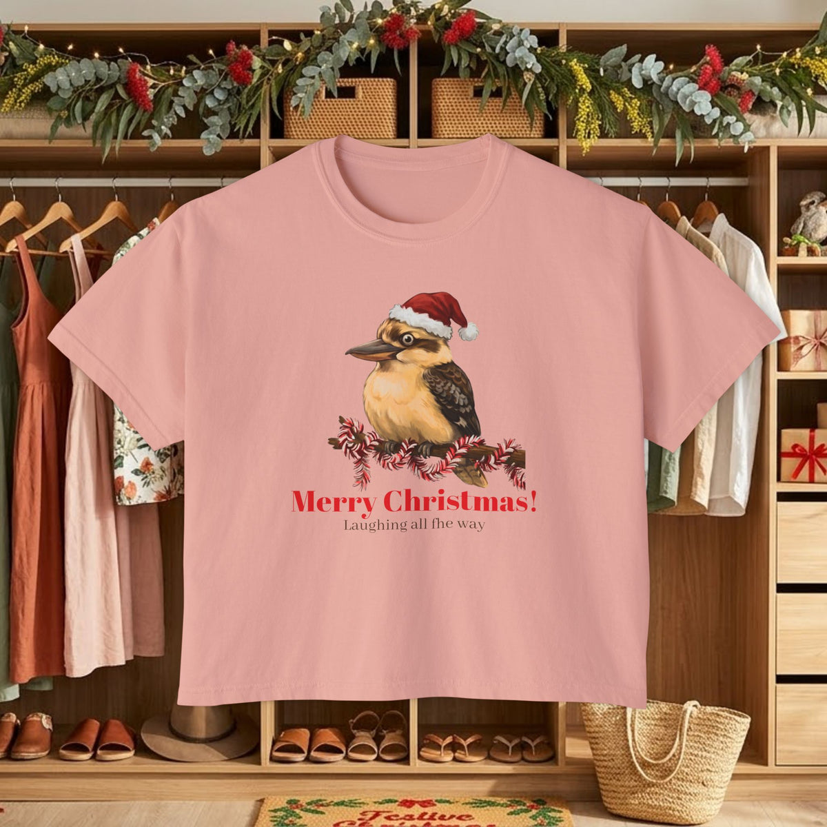 Pink graphic t-shirt with Santa-hat bird and “Merry Christmas!” front print
