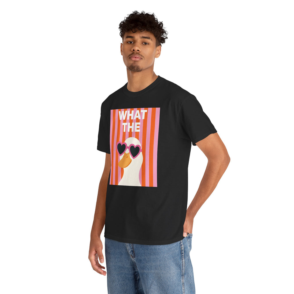 Black graphic tee front view with retro heart sunglasses striped face square print