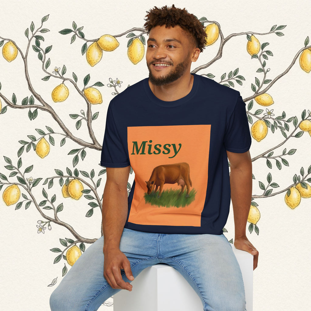 Navy t-shirt with 'Missy' orange front graphic and brown cow grazing
