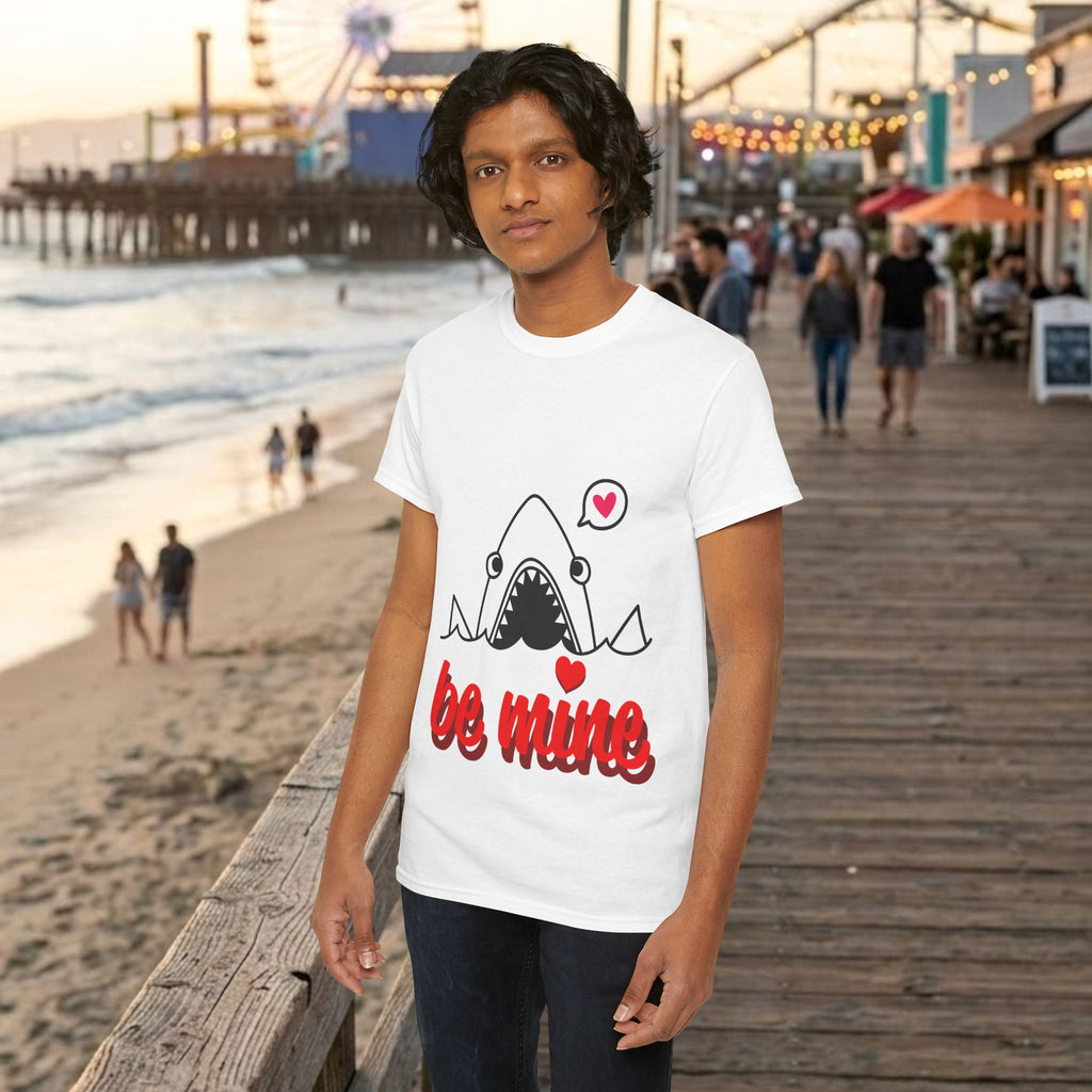 White crew-neck T-shirt with shark graphic and red "be mine" text