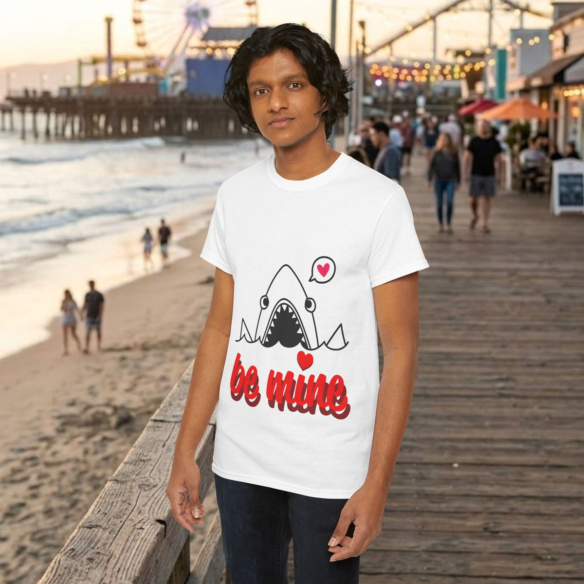 White crew-neck T-shirt with shark graphic and red "be mine" text
