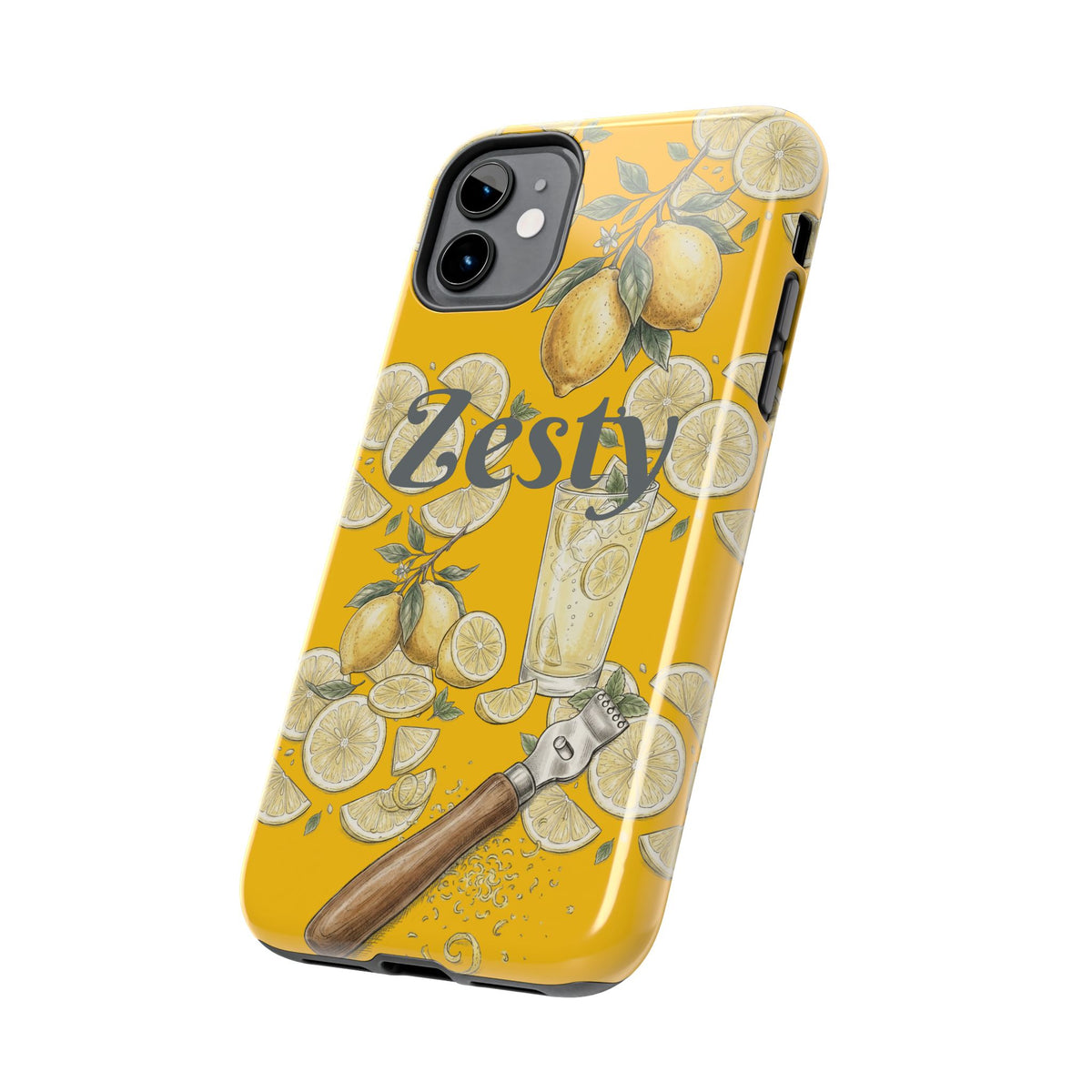 Yellow tough phone case with zesty citrus and lemon slice illustration
