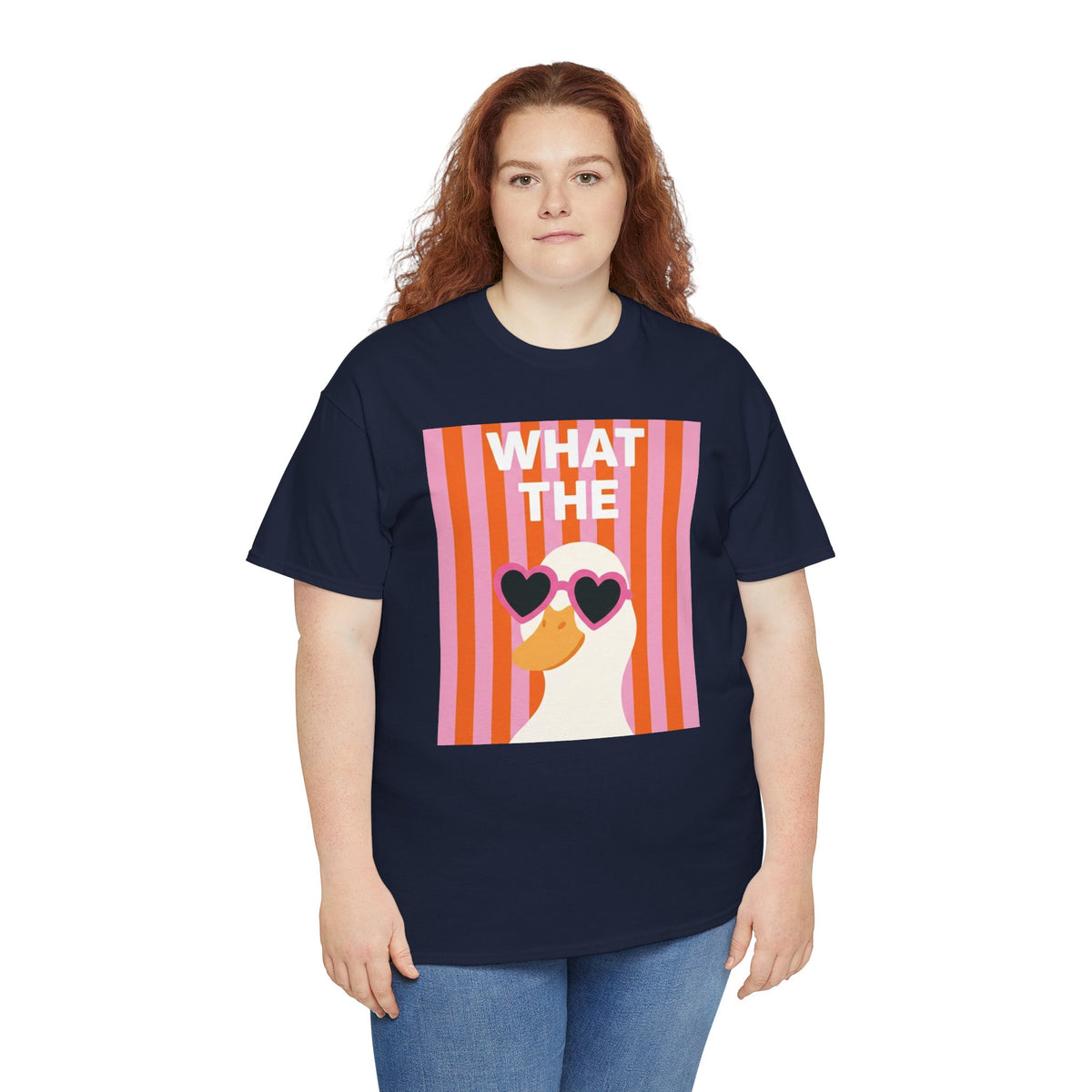 Navy crewneck T-shirt with 'WHAT THE' duck graphic and heart sunglasses on front