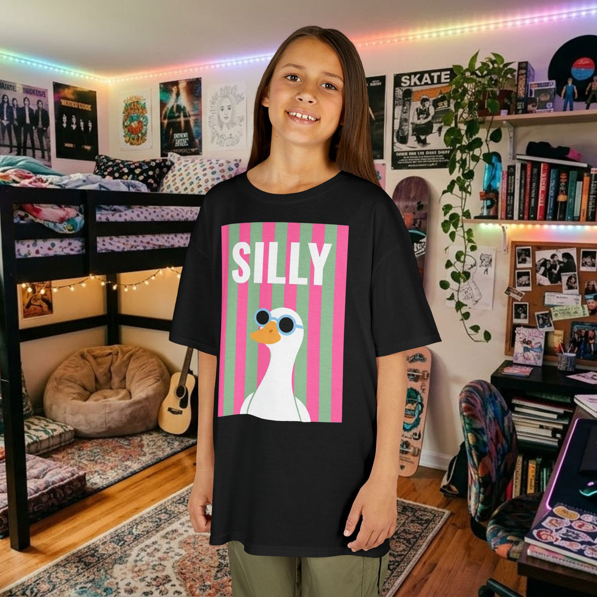 Black kids T-shirt with large SILLY duck graphic on front
