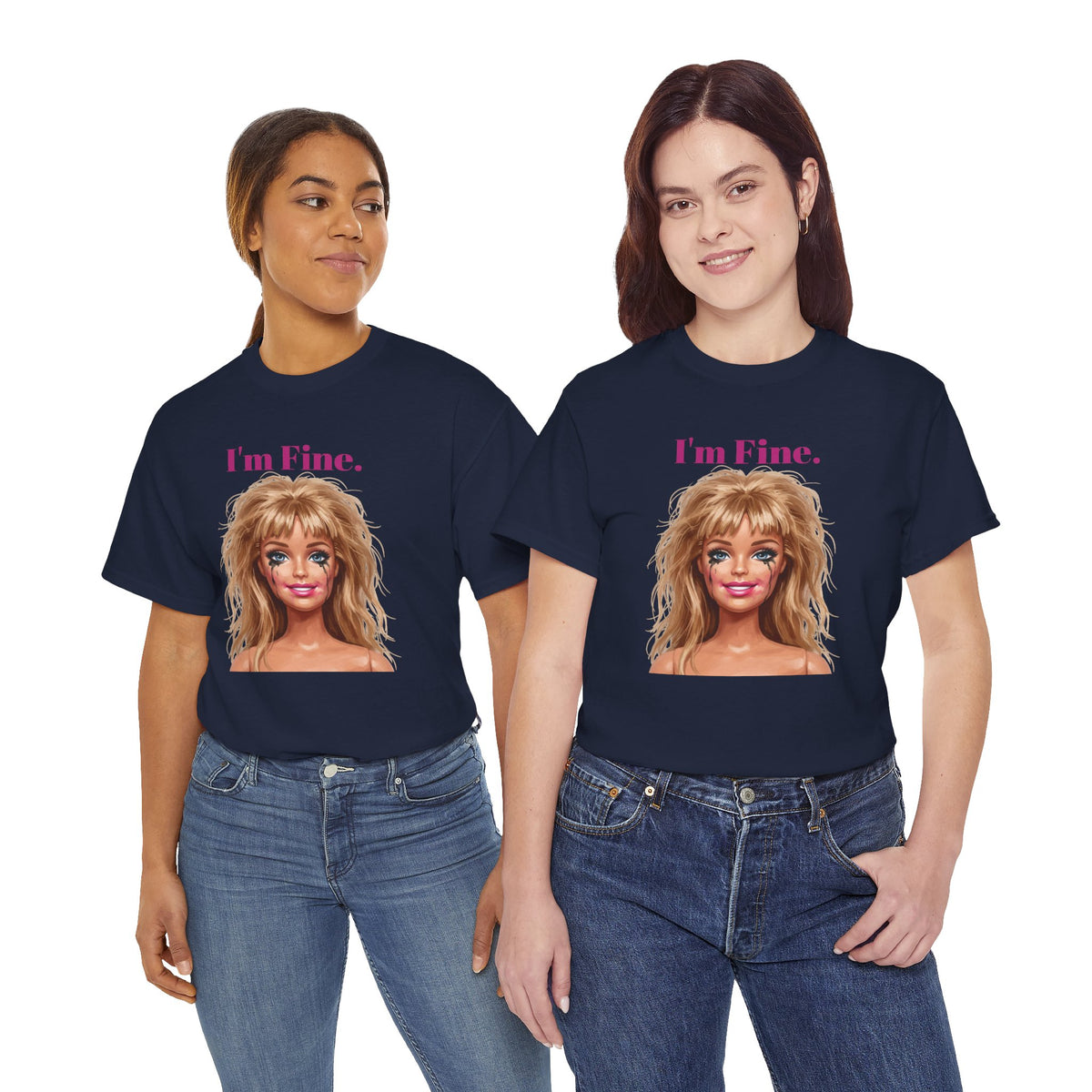 Navy unisex cotton tee with 'I'm Fine.' text and doll face graphic