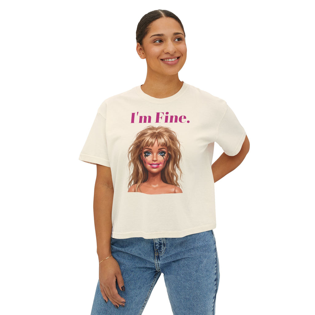 Ivory graphic tee with “I'm Fine.” text and doll face print, crew neck.