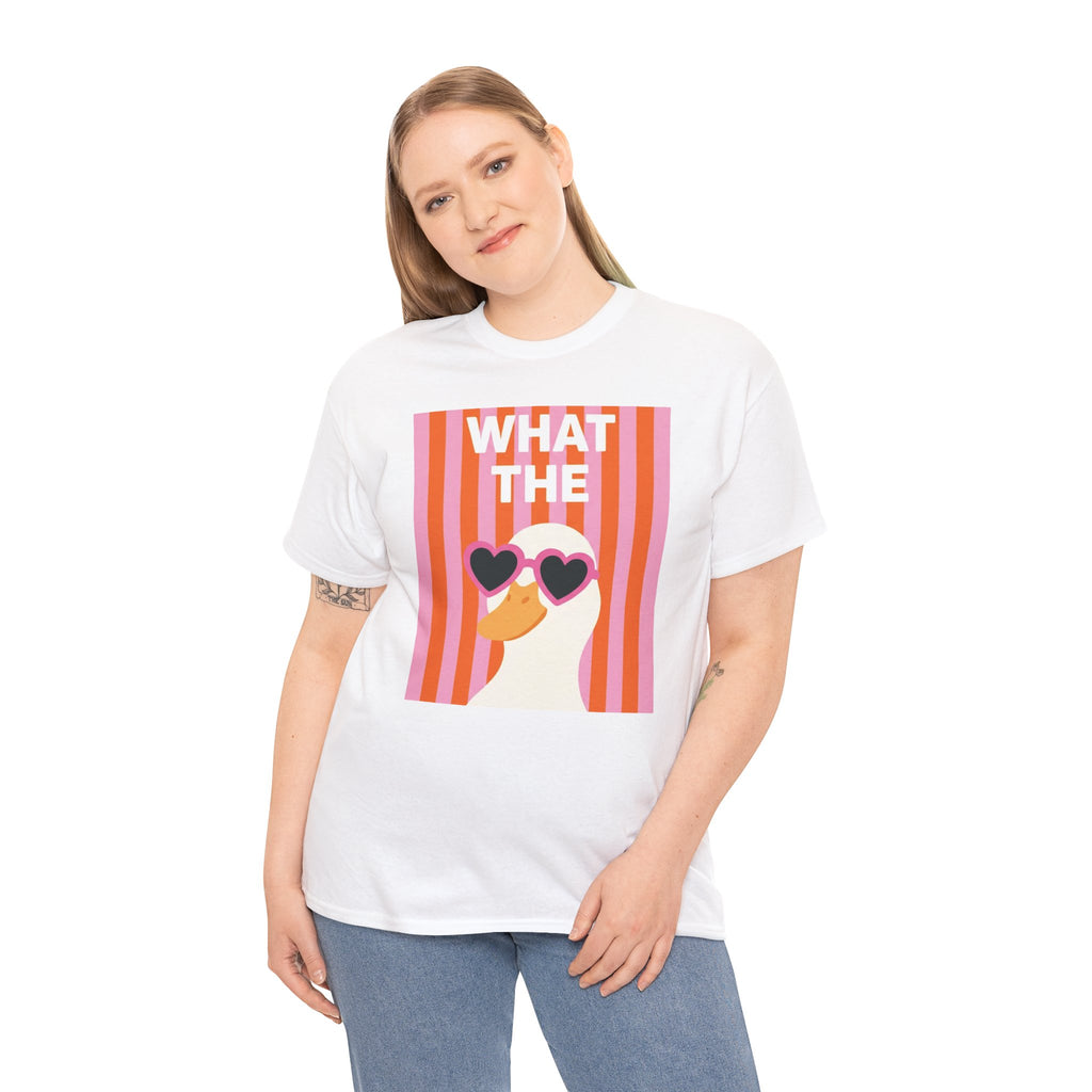 White crew-neck graphic T-shirt with retro heart sunglasses print, model wearing