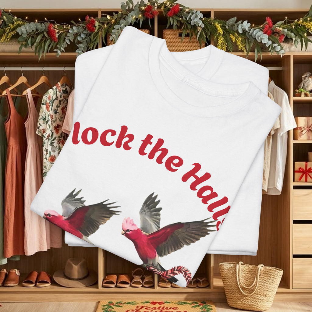 White crew-neck T-shirt with large cardinal bird print and red “Flock the Halls” text