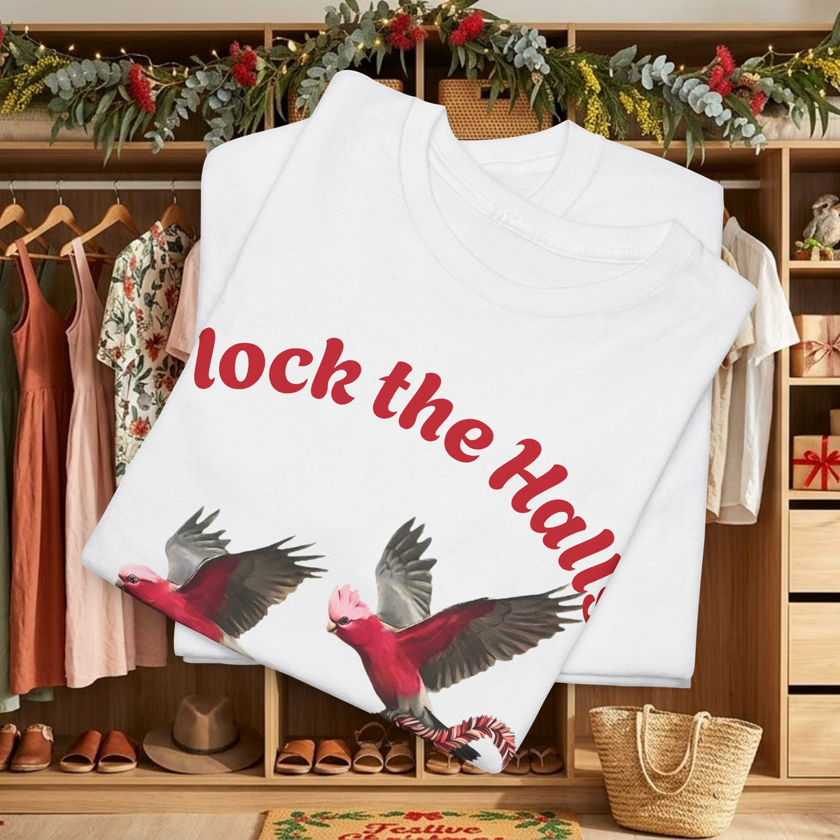 White crew-neck T-shirt with large cardinal bird print and red “Flock the Halls” text