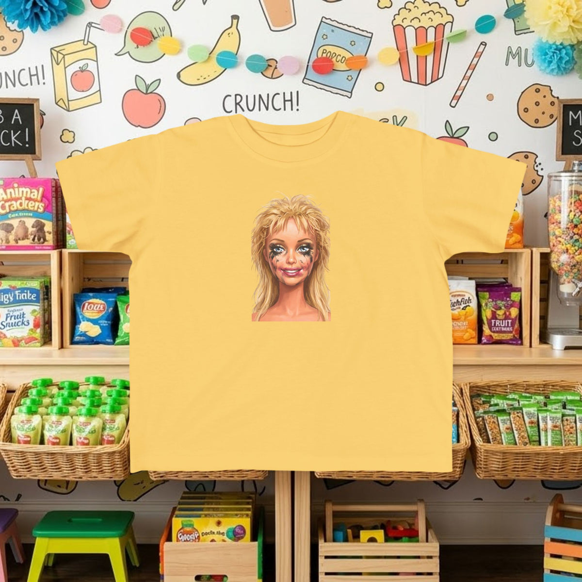 Toddler graphic T-shirt, yellow with smudged doll face portrait print