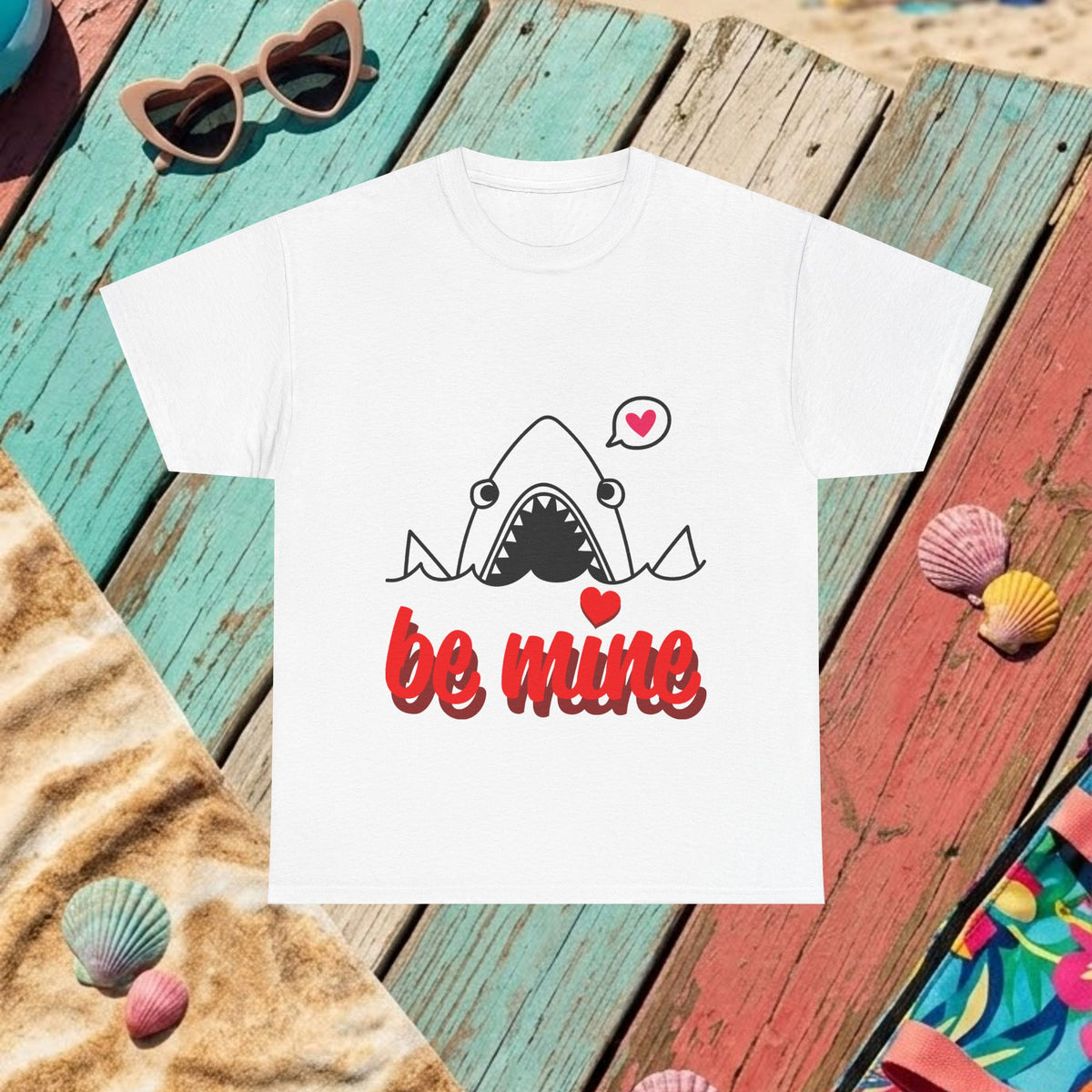 White T-shirt with shark graphic and red 'be mine' lettering