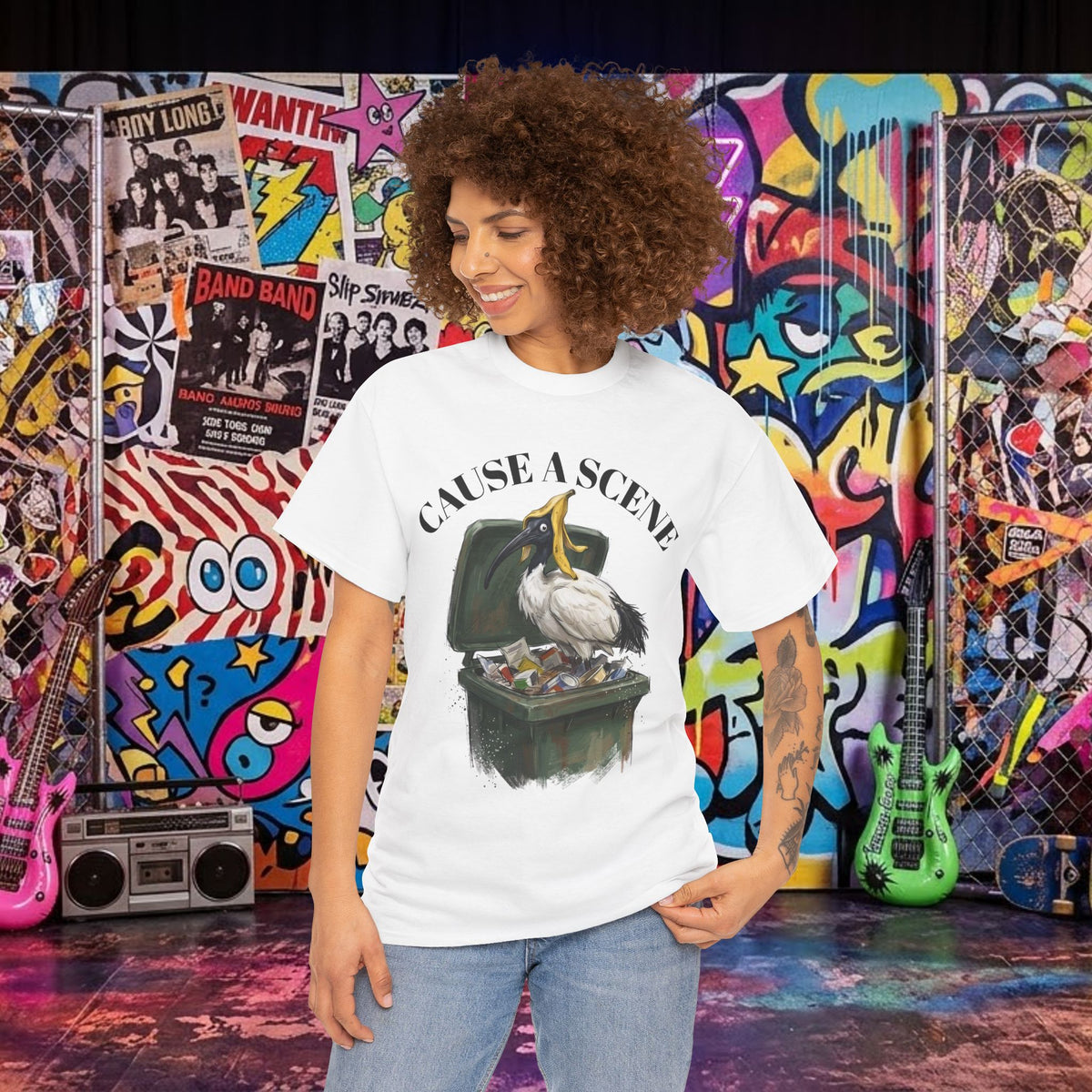 White crew-neck t-shirt with “CAUSE A SCENE” ibis trash can print