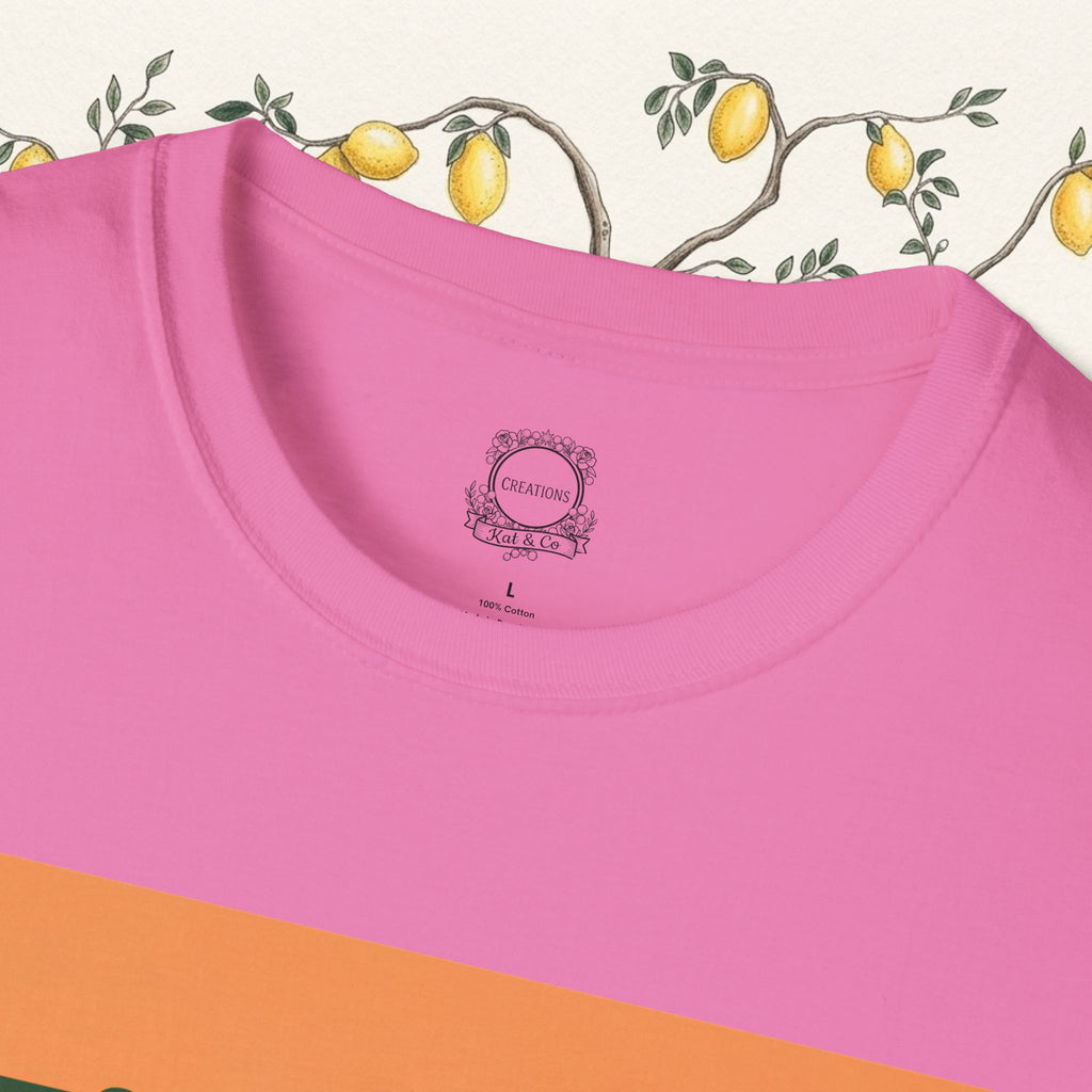 Pink crewneck t-shirt close-up of neckline with small brand label