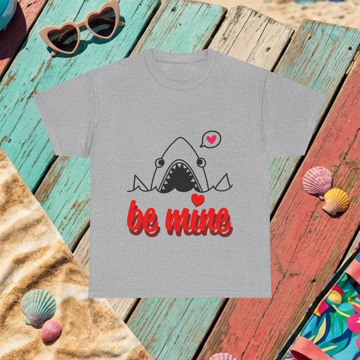 Sport grey T-shirt with shark graphic and red 'be mine' lettering