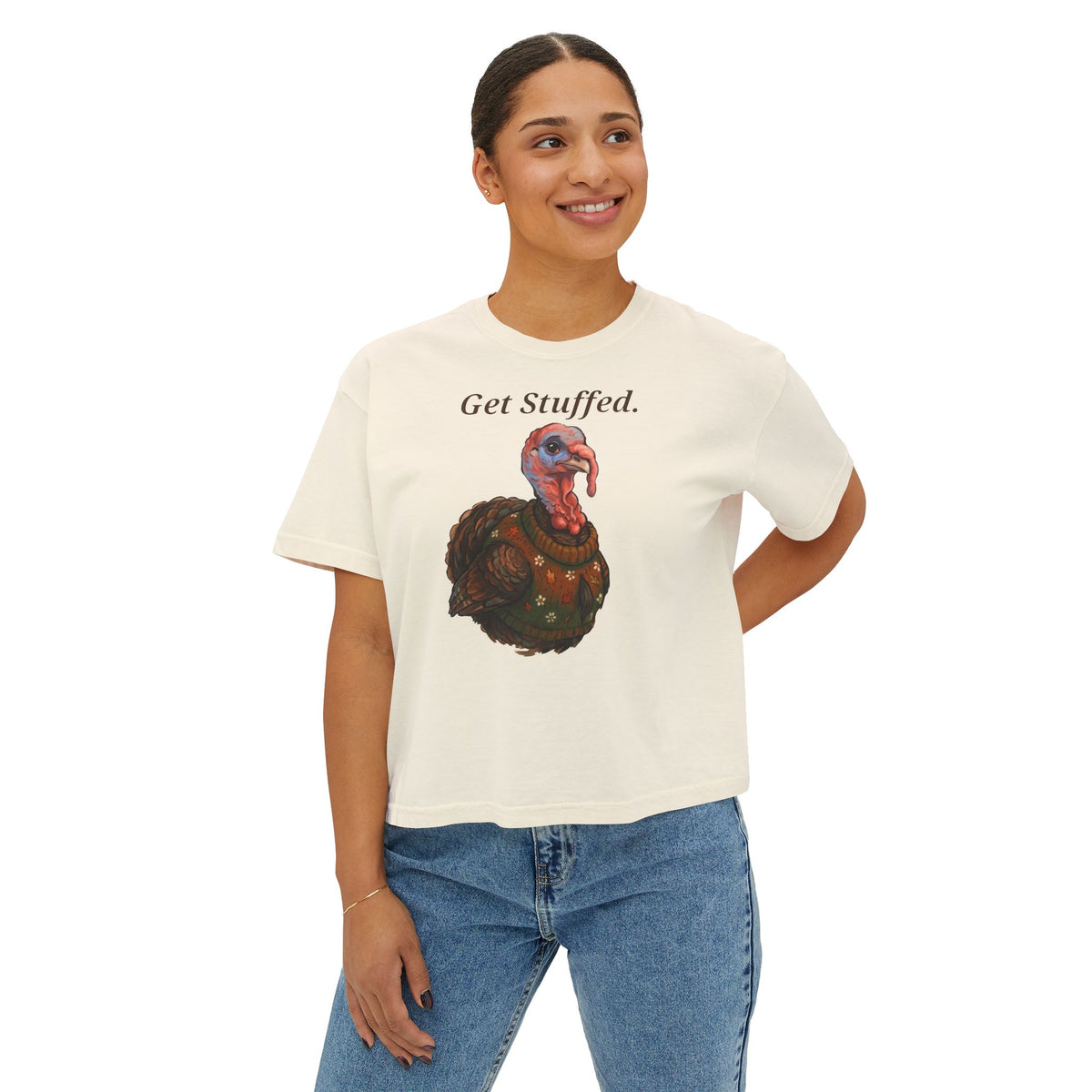 Ivory “Get Stuffed.” turkey graphic T-shirt, crew neck, short sleeves