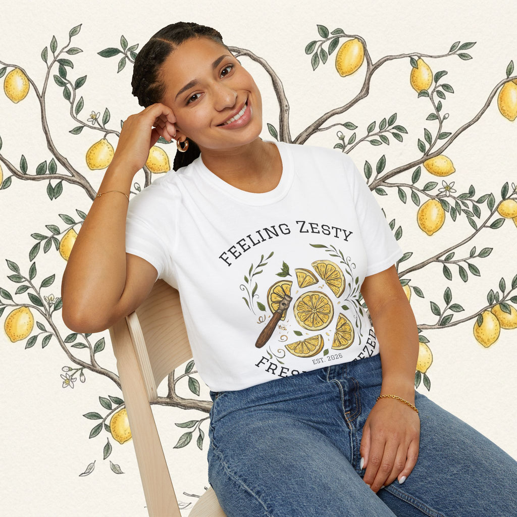 White crewneck graphic tee with lemon slice illustration and zesty text