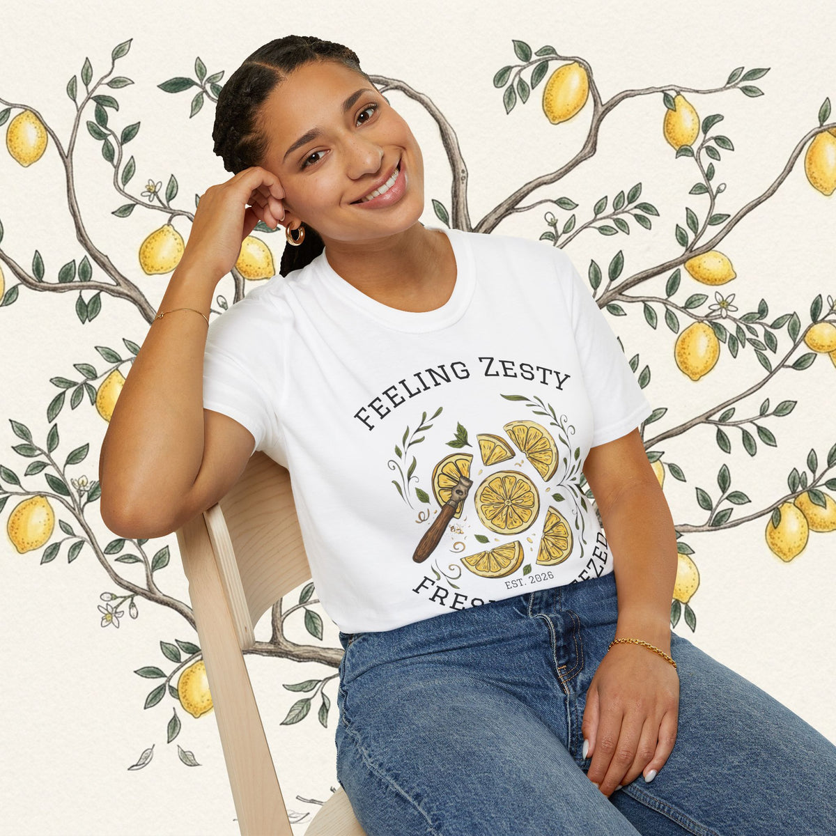 White crewneck graphic tee with lemon slice illustration and zesty text