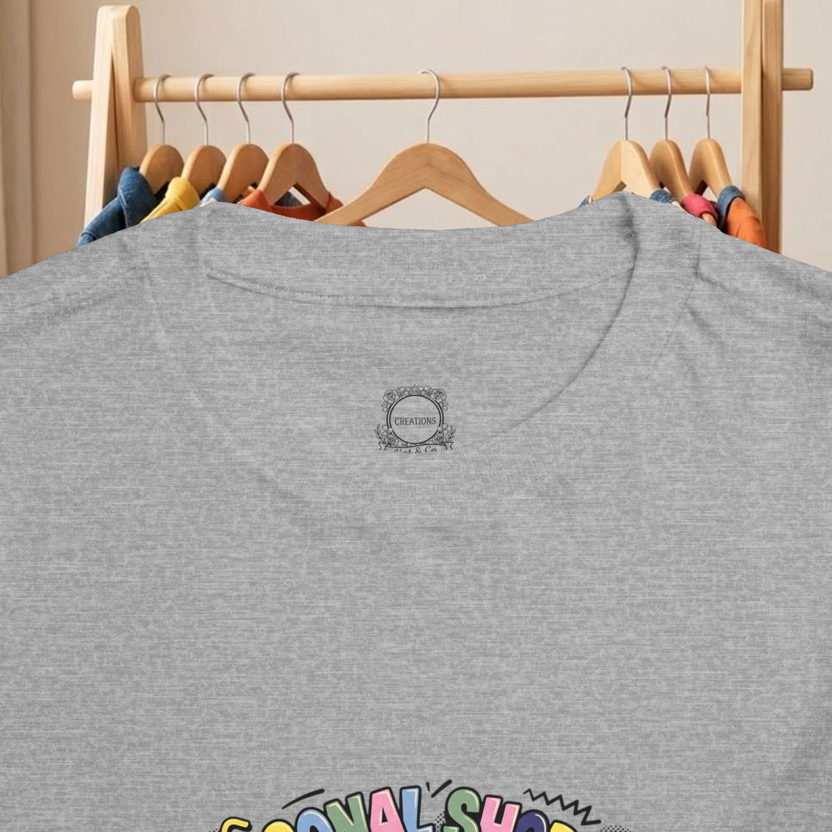 Toddler heather gray t-shirt close-up of back neckline logo and print