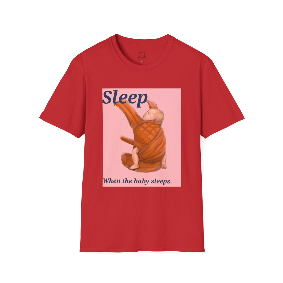 Red baby graphic t-shirt with 'Sleep' sleeping infant illustration on pink panel