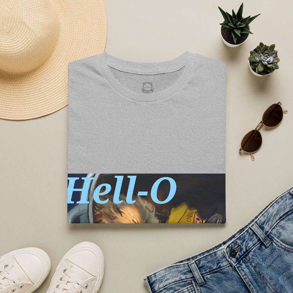 Heather gray T-shirt with “Hell-O” text and opossum illustration print on front