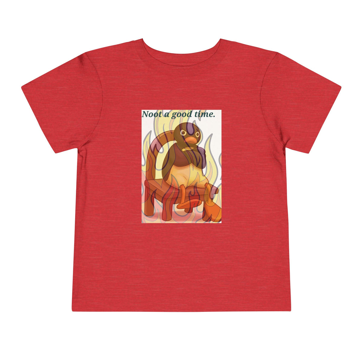 Red toddler T-shirt with cat-in-flames graphic and “Need a good time” text