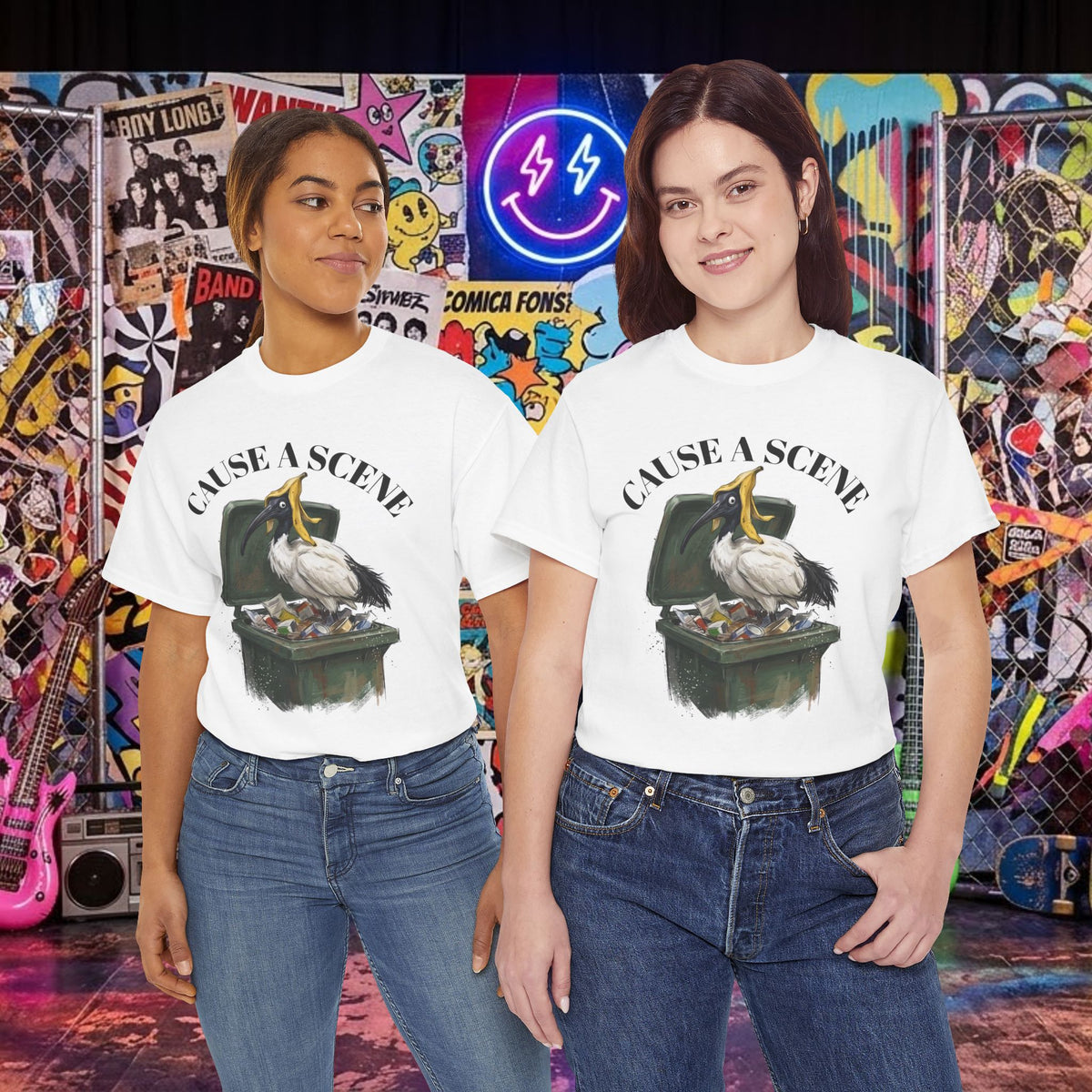 White T-shirt with ibis in a trash can graphic and "CAUSE A SCENE" text, worn