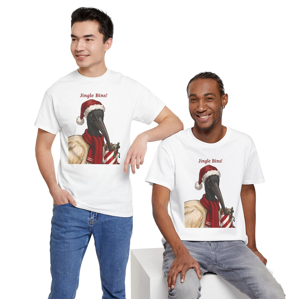 White graphic T-shirt with ibis in Santa hat and “Jingle Bins!” front print on models.