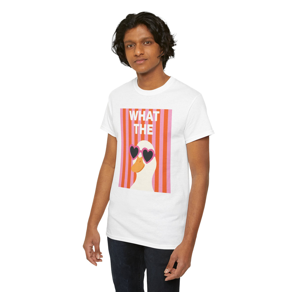 White graphic cotton tee, side view, "WHAT THE" heart sunglasses graphic
