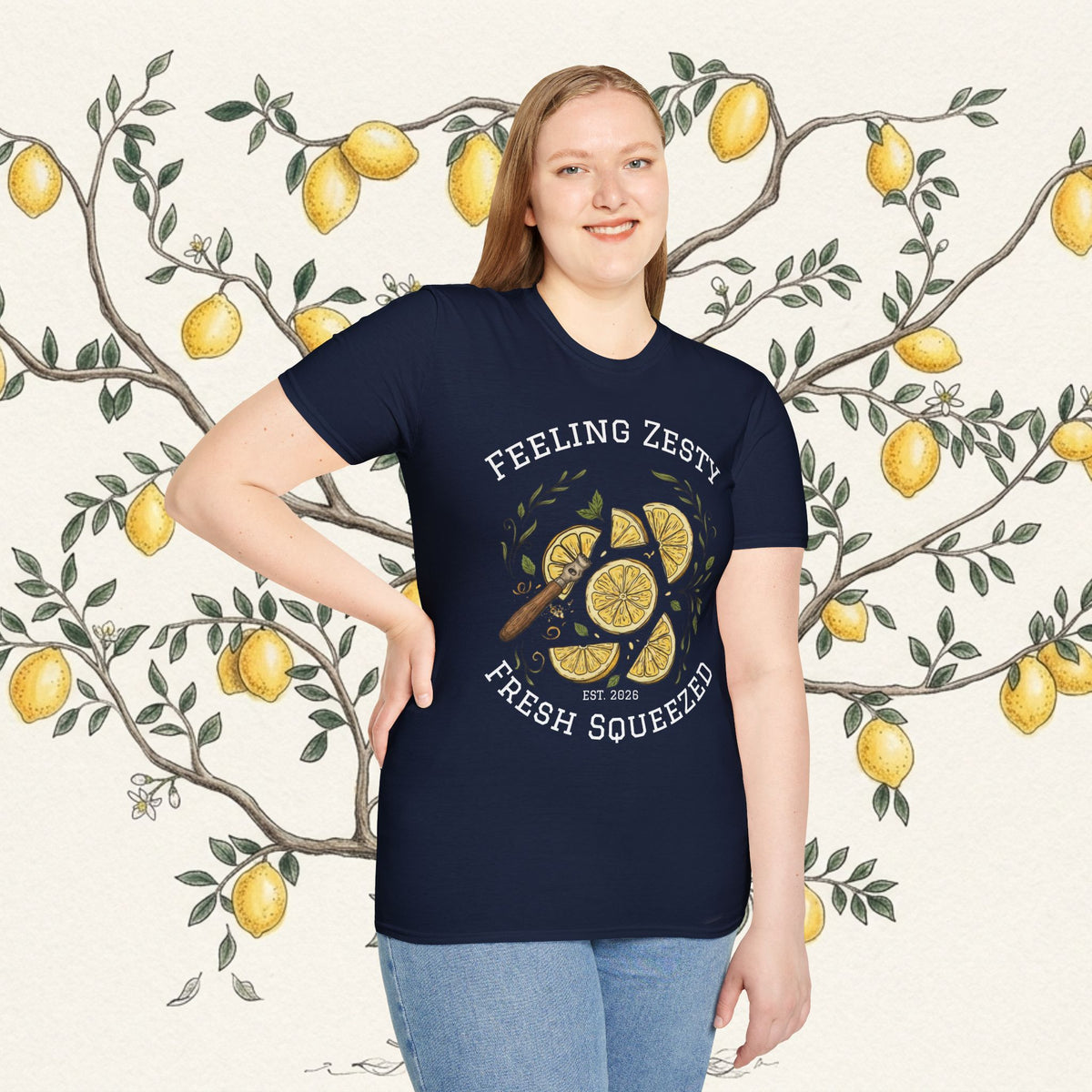 Navy lemon slice graphic tee on person, crewneck and short sleeves