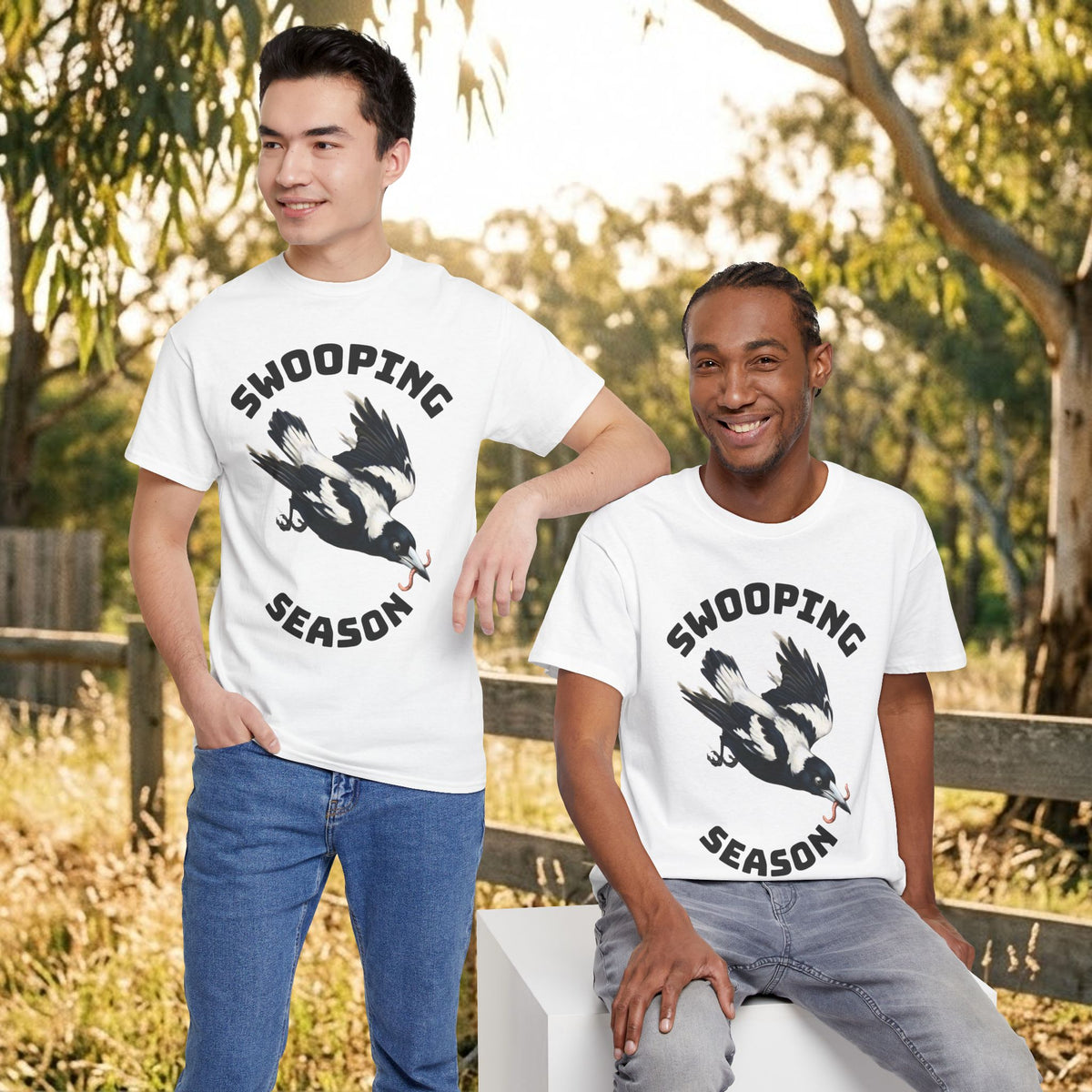 White t-shirt with black bird graphic and "SWOOPING SEASON" text