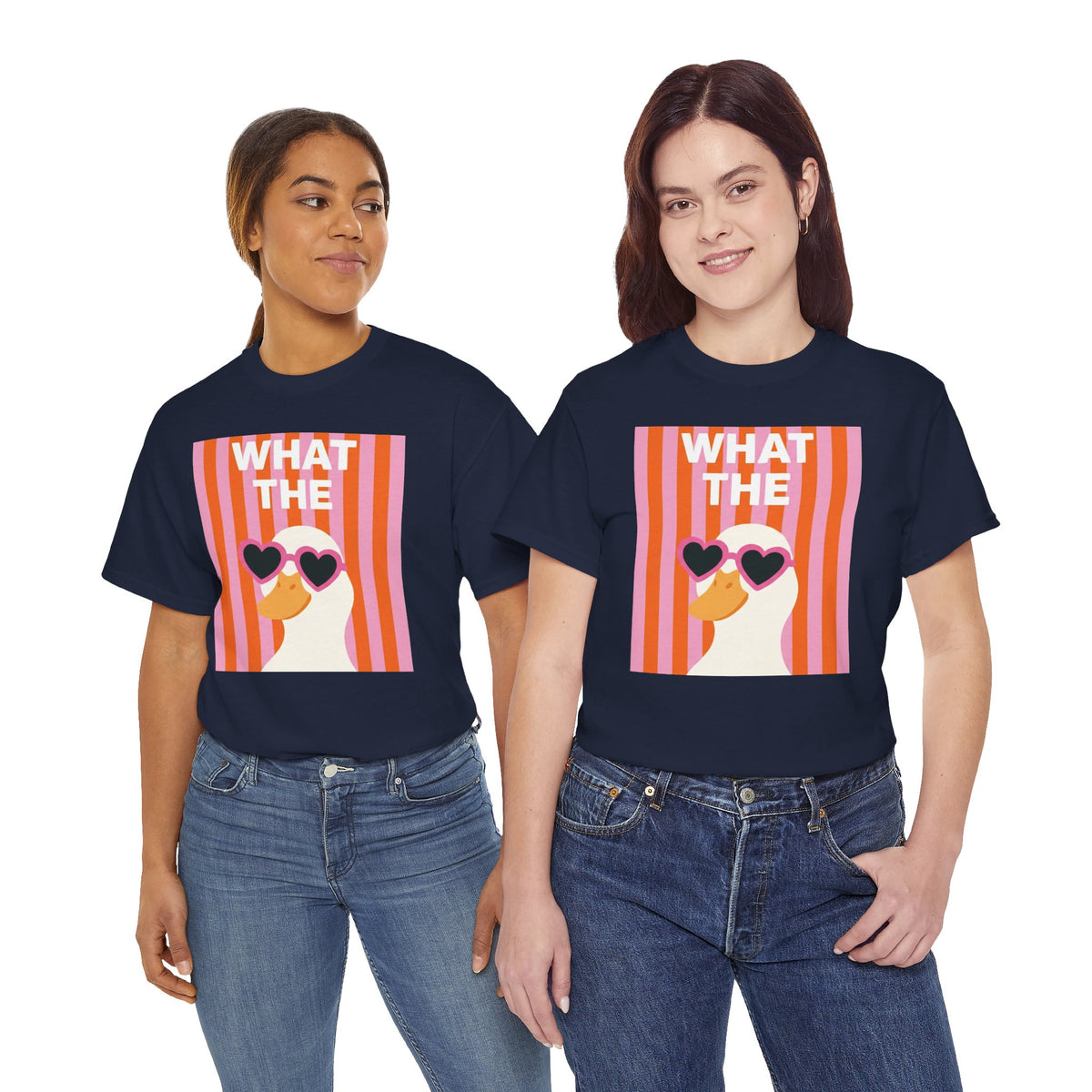 Navy crewneck T-shirts with 'WHAT THE' duck graphic and heart sunglasses on front