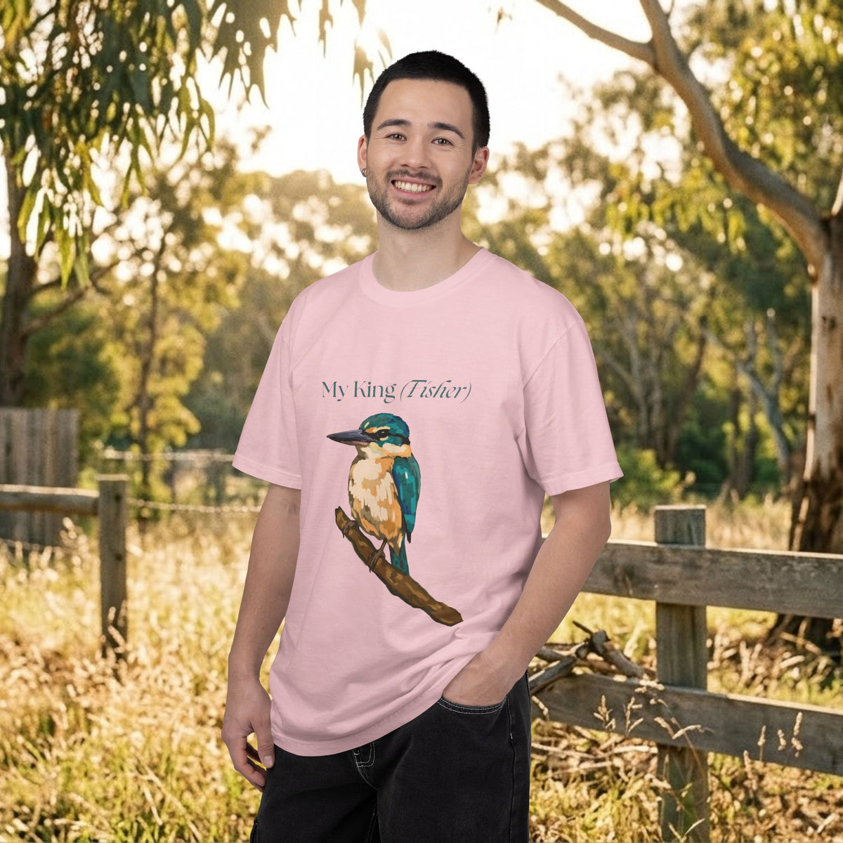 Pink kingfisher graphic t-shirt on man, front view