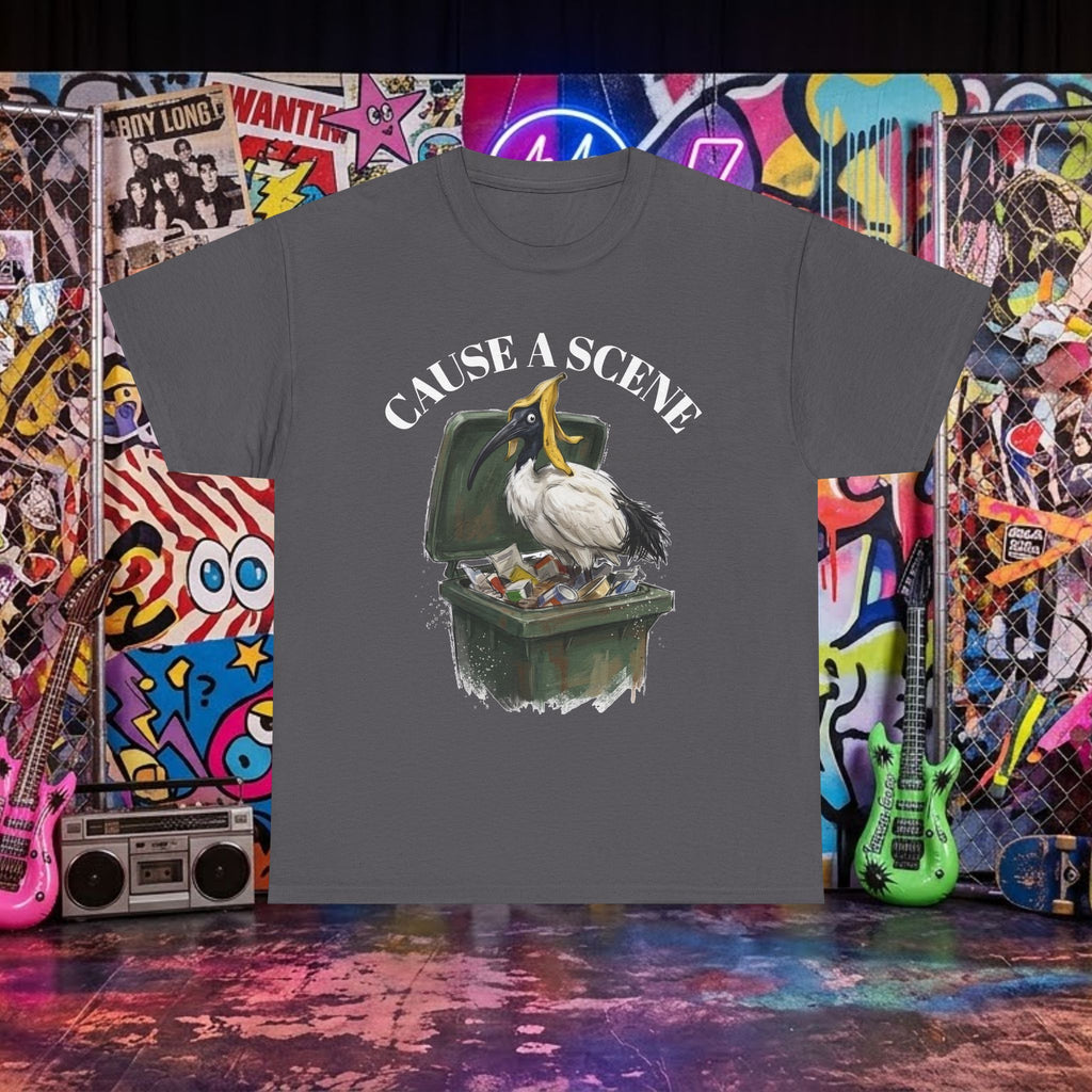 Dark gray T-shirt with ibis in a trash can graphic and "CAUSE A SCENE" text