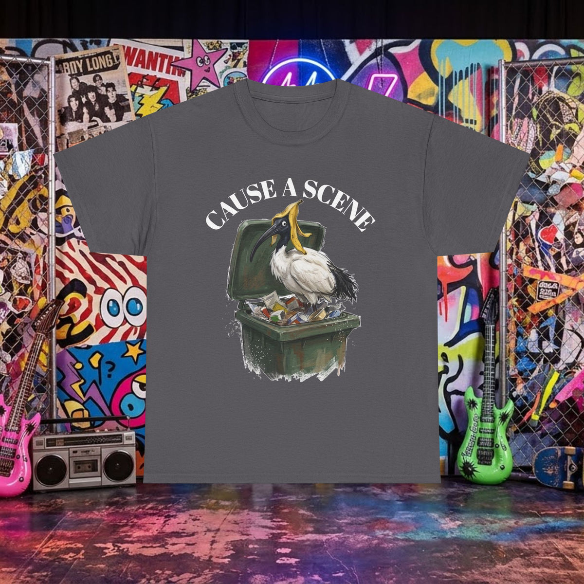 Dark gray T-shirt with ibis in a trash can graphic and "CAUSE A SCENE" text
