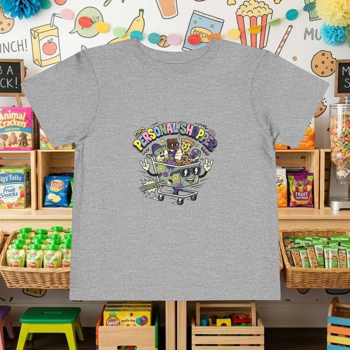 Toddler T-shirt in heather gray with “Personal Shopper” shopping cart graphic on front
