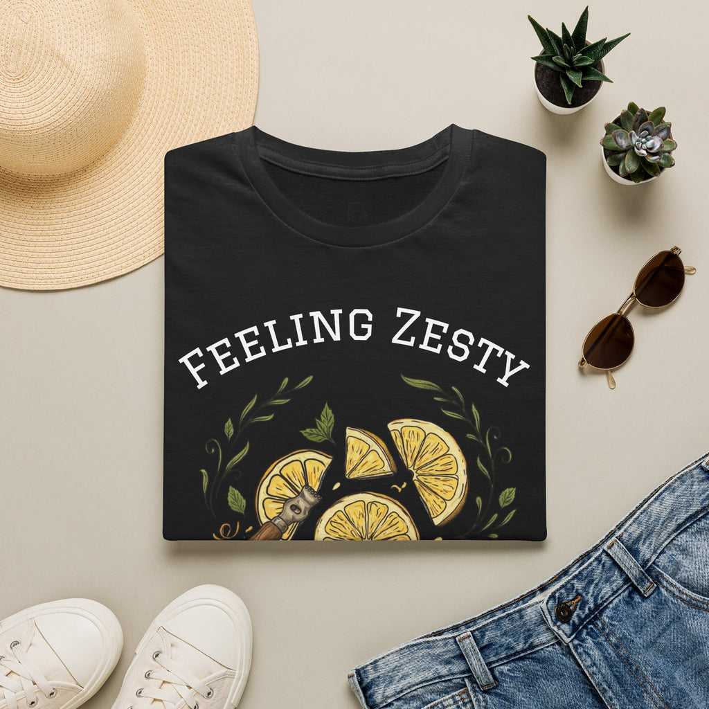 Black crew-neck graphic t-shirt with lemon slice artwork and “FEELING ZESTY” headline