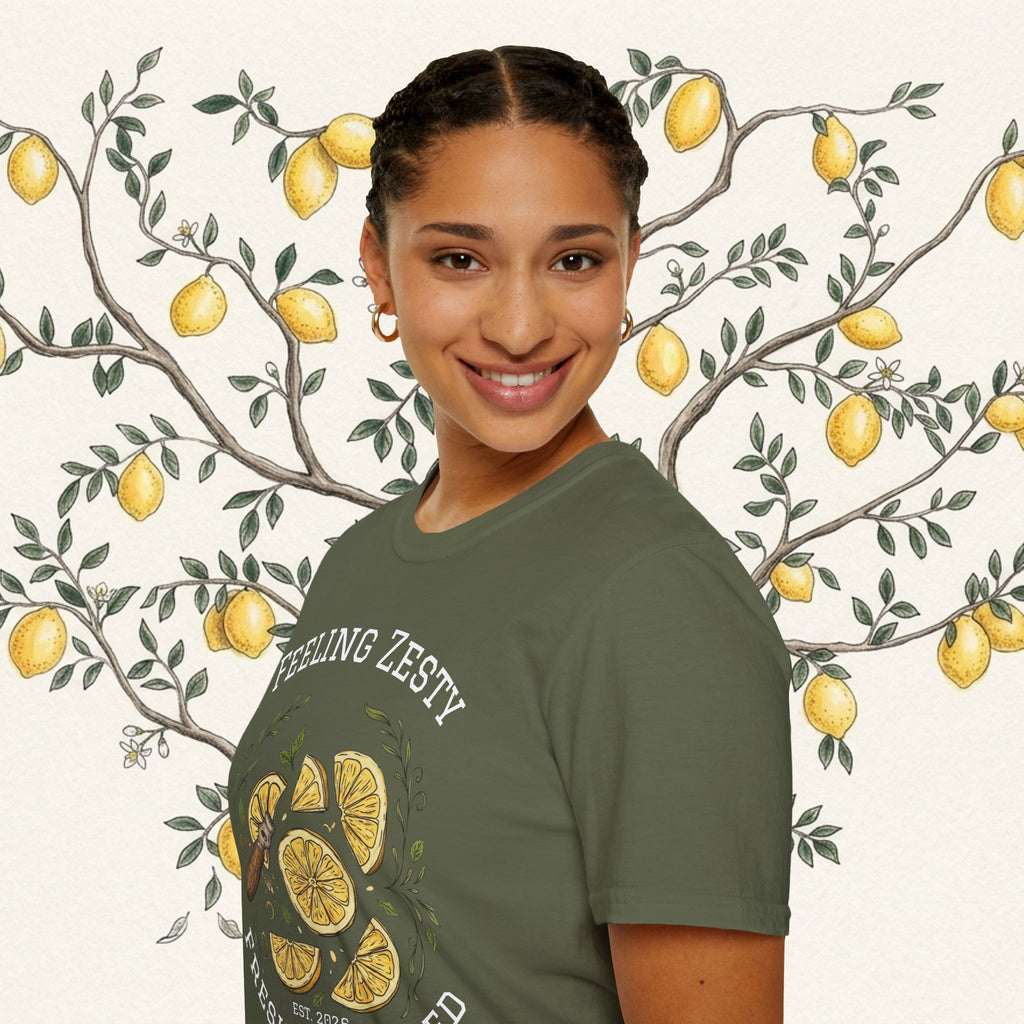 Olive green graphic tee with “FEELING ZESTY” citrus slices print, crewneck
